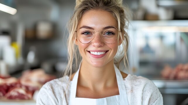 A young woman with glasses smiles warmly while standing behind a meat counter, presenting a friendly and inviting atmosphere in a modern fresh food market.
