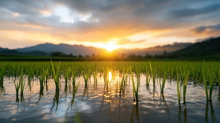 Obraz premium A picturesque rice field mirrors the sunset, creating a serene landscape that encapsulates the beauty of nature and the importance of agriculture in harmony with the environment.