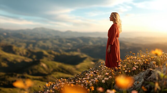 A contemplative woman in a flowing dress stands on a hill, surrounded by blooming flowers, embodying tranquility and connection with nature during a stunning sunset.