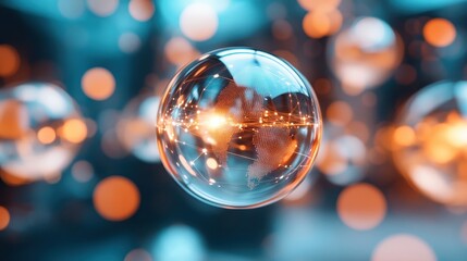 An eye-catching digital globe encased in glass, representing global connectivity and technology, illuminated by glowing lines that symbolize networking and communication in modern society.