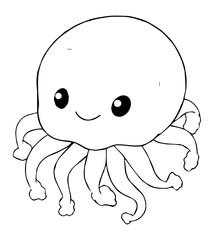 A cartoonish jellyfish its tentacles dangling below a simple happy face adds charm