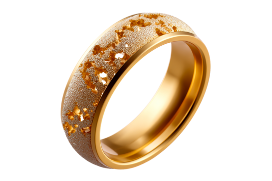 Elegant gold ring with intricate design and transparent background