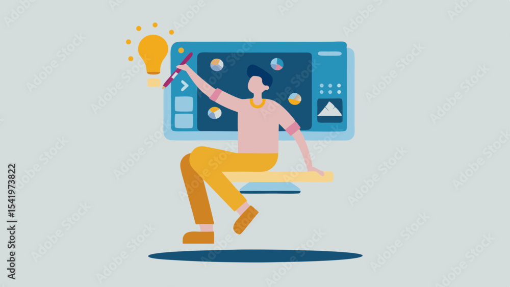 Poster illustration of a person with a lightbulb idea sitting in front of a computer screen with pie charts