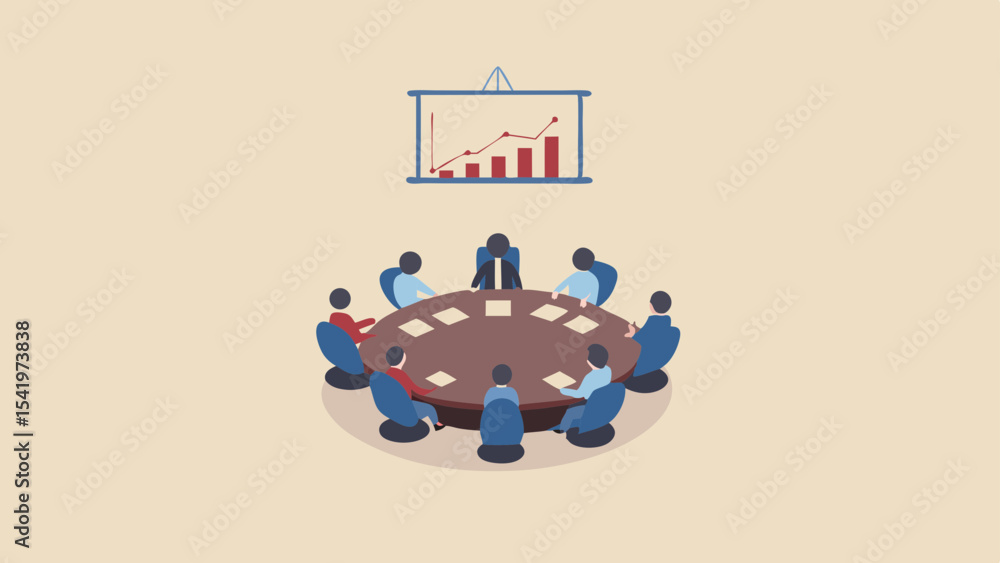 Aufkleber illustration of business meeting with round table and presentation of rising graph in the background