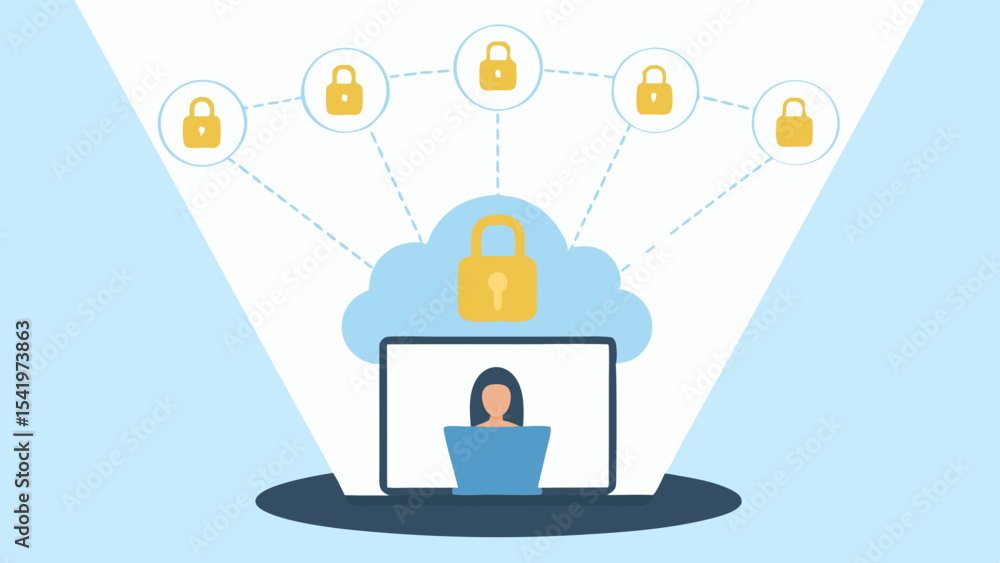 Poster person using laptop with cloud security and padlock icons connected in a network design illustration
