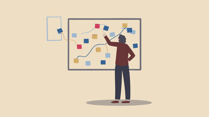 Person pointing at a board with colorful squares and curved lines in a light background scene