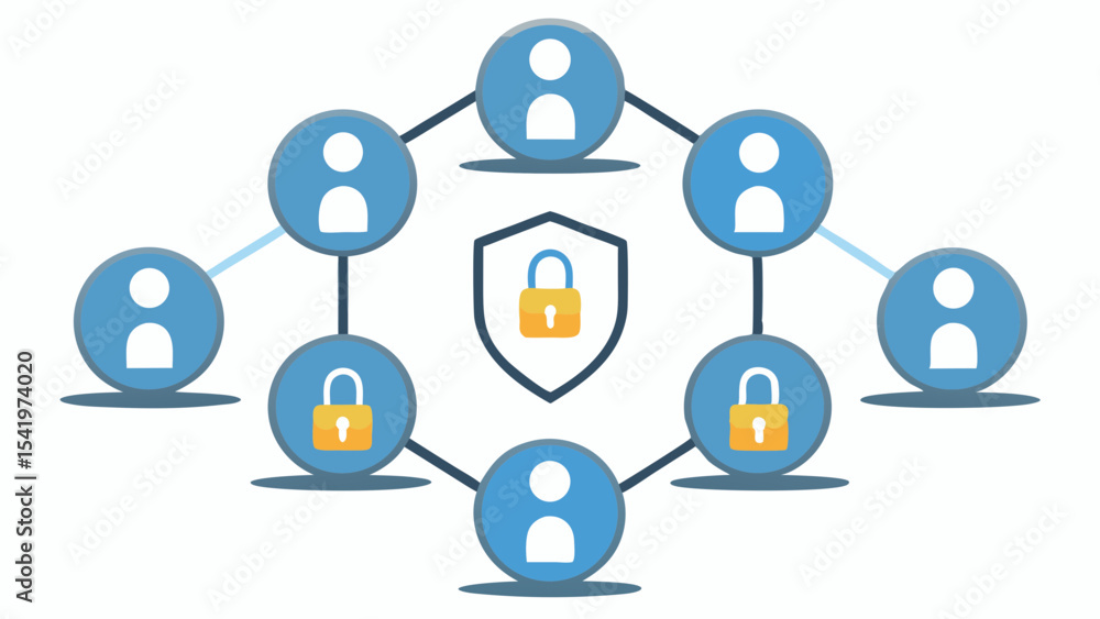 Poster network of users connected with security shield and lock icons in a circular arrangement design conc