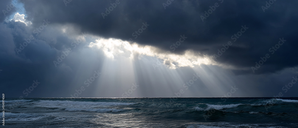 Poster sunbeam cloud storm ocean dramatic sky light wave create powerful and moody seascape with contrastin