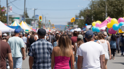 Lively street fair with colorful decorations, people walking, summer, outdoor, festive, cheerful atmosphere