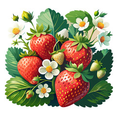 Strawberry Illustration with Flowers and Leaves – Fresh Botanical Fruit Art