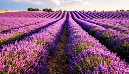 Fototapeta premium Expansive lavender fields under a vibrant sky with rolling hills in the background