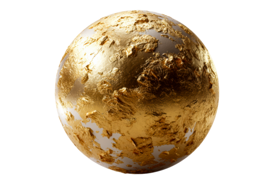 Shiny golden globe with intricate texture on transparent background