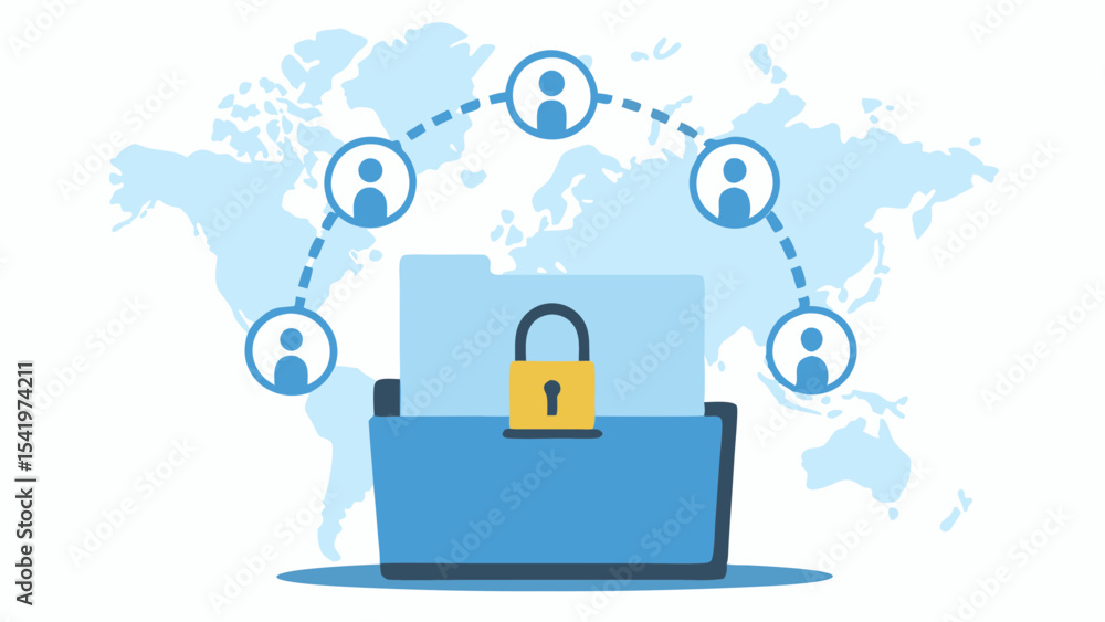 Poster data security and global network showing people icons connected to a folder with a padlock on it