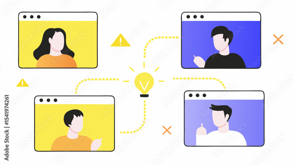 Poster virtual meeting with four participants connected by an idea lightbulb and warning signs online netwo
