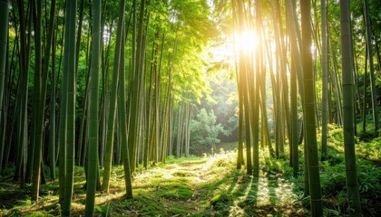 Obraz premium Sunlight filtering through a lush bamboo forest, creating a serene and tranquil atmosphere