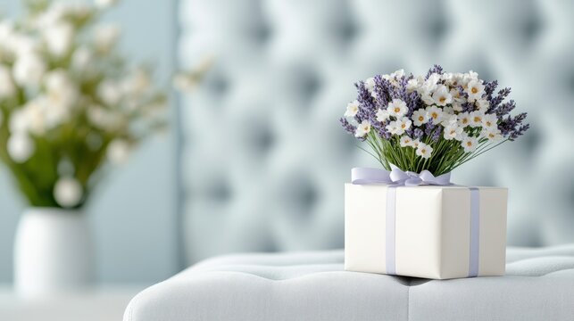 A beautifully wrapped gift box adorned with a floral arrangement creates a delightful presentation that symbolizes thoughtfulness and joy in gifting.