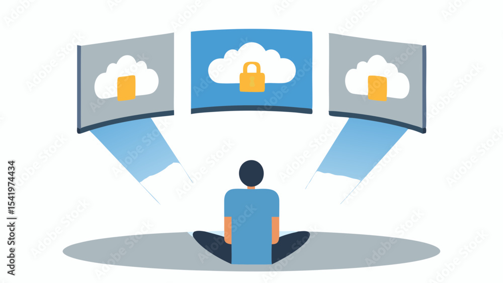 Poster person sitting in front of three curved monitors displaying cloud icons and data security lock icons