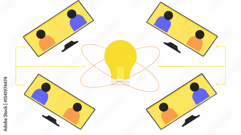 Poster online collaboration showing multiple screens with people and a central lightbulb idea icon