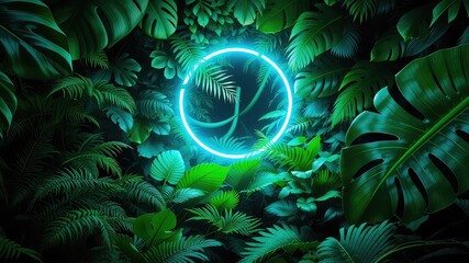 Luminous neon circle nestled within lush tropical foliage, creating a surreal and vibrant botanical spectacle of nature and light