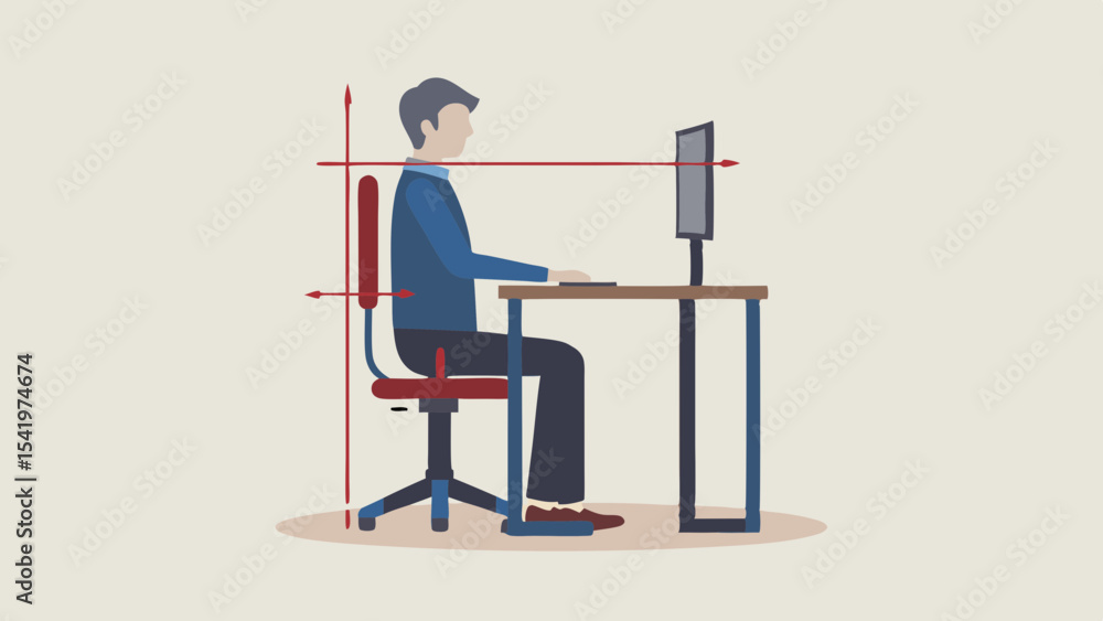 Poster illustration of a man sitting at a desk with a computer and ergonomic guidelines shown in the image