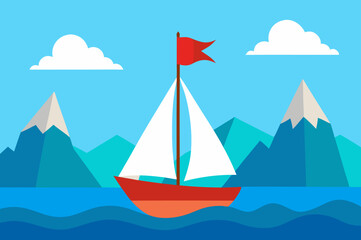Red sailboat sailing on ocean with mountains