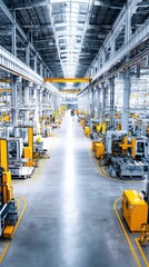 Industrial factory interior with yellow machinery and equipment rows