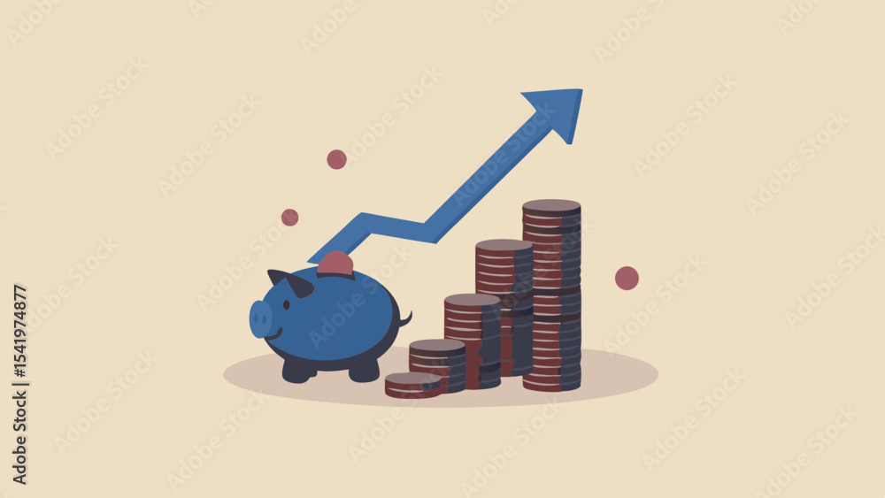 Poster piggy bank with coins stacked in increasing order and a blue arrow showing growth in beige backgroun