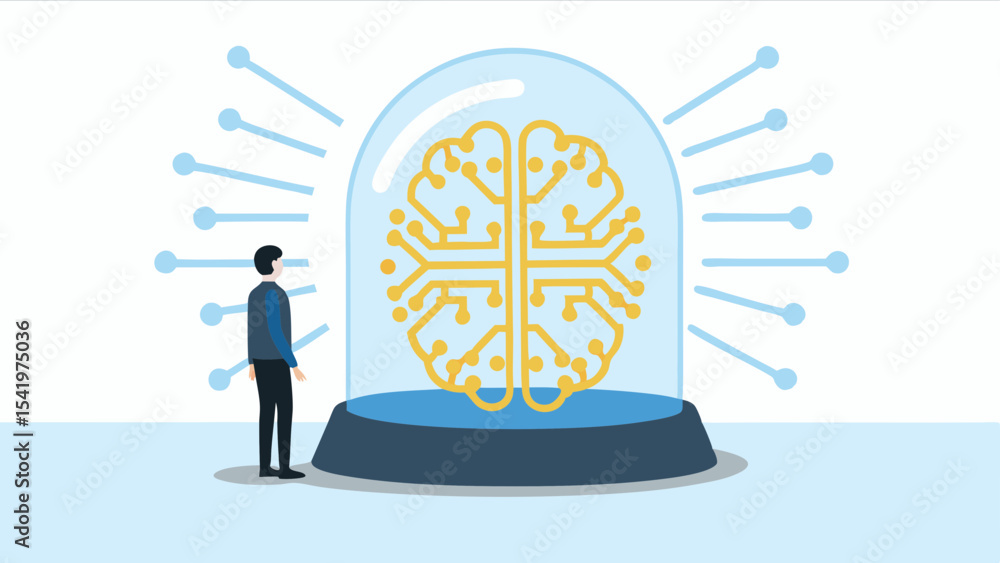 Poster man looking at brain inside a glass dome with light rays coming out from it on a light blue backgrou