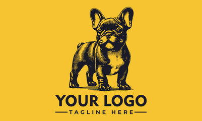 A stylish black and white illustration of a French Bulldog, standing proudly, against a yellow background, for a logo design.
