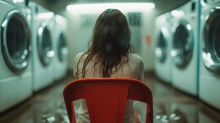 A woman sits alone in a laundromat, her back turned as raindrops blur the scene, evoking a sense of solitude and introspection amidst a mundane setting.