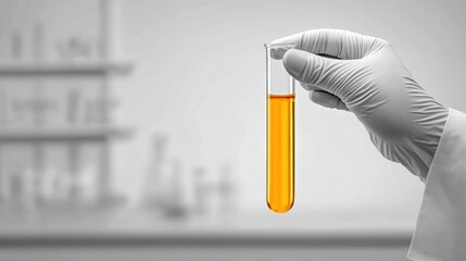 Scientist wearing glove holding test tube with orange liquid