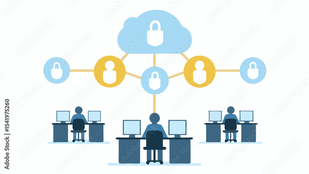 Poster illustration of a cloud network with padlocks and people connected to computers in an office setting