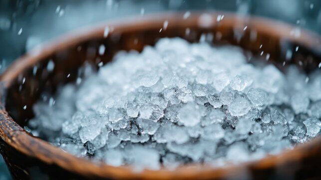 A close-up view of a wooden bowl filled with shimmering ice crystals, showcasing the beauty of nature's frozen elements against a soft rain backdrop, invoking calmness and tranquility.