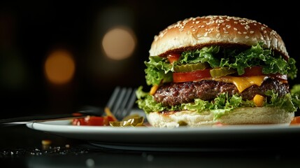 A delicious, juicy hamburger with fresh lettuce, tomatoes, pickles, and cheese stacked high on a sesame seed bun, perfect for any burger lover's delight.