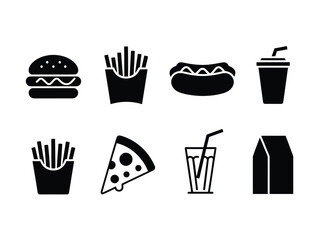  Fast Food Icons Vector Set: Burger, Fries, Pizza & Drinks