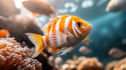 A vibrant orange fish swims gracefully among colorful coral reefs, showcasing the beauty of marine life and the intricate relationships found within underwater ecosystems.