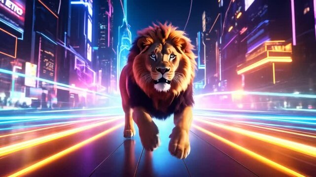 A lion runs through a vibrant, neon-lit futuristic city - Powered by Adobe