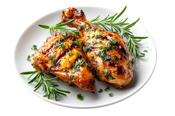 Juicy grilled chicken legs garnished with herbs on a plate