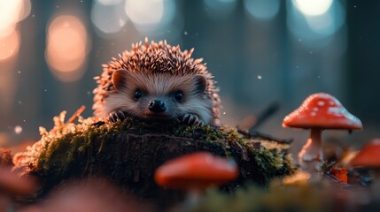A cute hedgehog is nestled among earthy tones and whimsical mushrooms in a forest, evoking a sense of wonder and nature's beauty, perfect for wildlife enthusiasts and nature lovers.