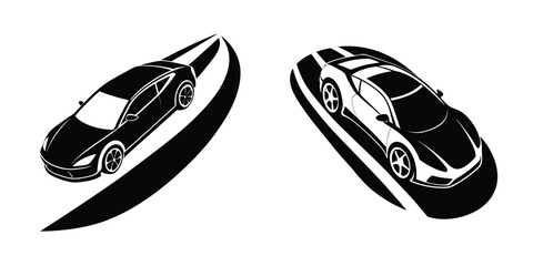 Minimal Top-Down Silhouette of a Smooth Sports Car Drifting Around a Corner on White Background