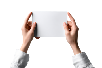 Hands holding blank card with a transparent background