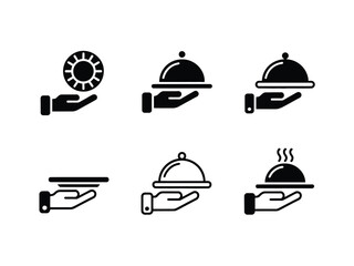 Fototapeta premium Six Black Icons Hands Holding Dishes Sun Tray Service