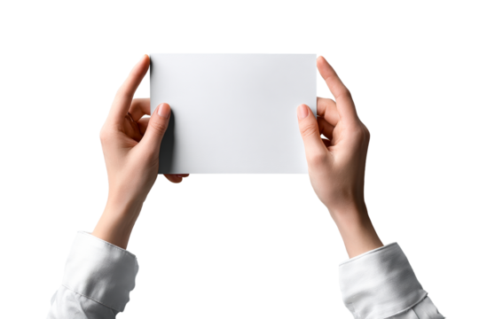 Hands holding blank card with a transparent background