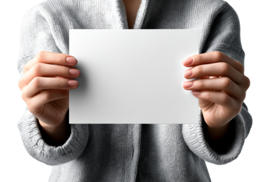 Woman holding a blank card against a transparent background