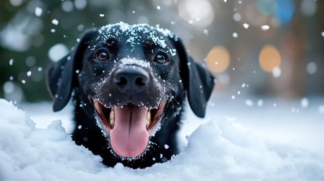 A joyful black dog covered in snowflakes radiates happiness while playing in a winter wonderland, showcasing the joy and wonder of snowy outdoor adventures.