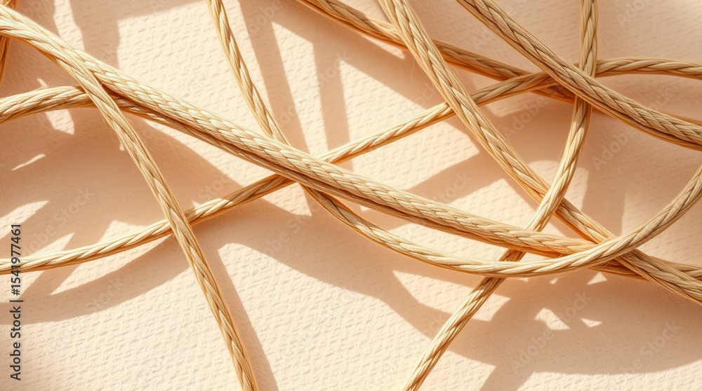 Poster tangled beige cords on a textured surface with geometric shadows create a modern minimalist abstract