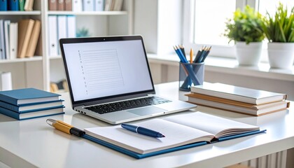 High-Detail Scholarly Workspace with Open Laptop, Academic Journals, Highlighters, and Citation Checklist on Clipboard for Rigorous Academic Research and Study