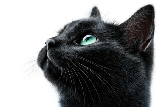 A sleek black cat gazes upward with bright green eyes
