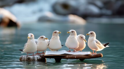A delightful scene featuring seven seagulls perching on an open book, surrounded by tranquil waters, symbolizing nature and curiosity in harmony with literature.