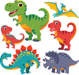 Colorful cartoon dinosaurs set, cute prehistoric animals, baby T-Rex, Stegosaurus, Triceratops, Pterodactyl, smiling dino characters isolated on white background for kids' illustrations